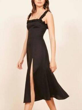 Reformation Black Linen Midi Dress Ruffle Straps Size 2